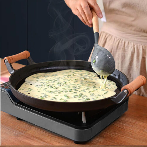 2x 31cm Cast Iron Frying Pan Skillet Steak Sizzle Fry Platter with Wooden Handle No Lid - Image 6