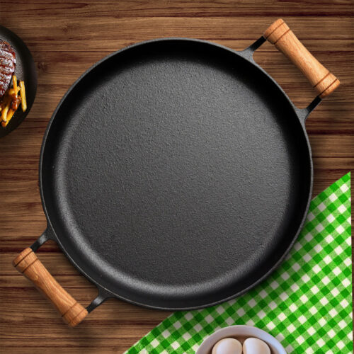 2x 35cm Cast Iron Frying Pan Skillet Steak Sizzle Fry Platter with Wooden Handle No Lid - Image 2