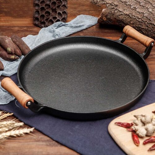 2x 35cm Cast Iron Frying Pan Skillet Steak Sizzle Fry Platter with Wooden Handle No Lid - Image 10