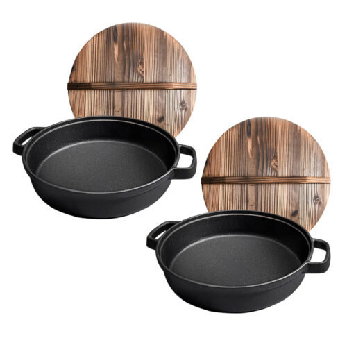 2x 29cm Round Cast Iron Pre-seasoned Deep Baking Pizza Frying Pan Skillet with Wooden Lid