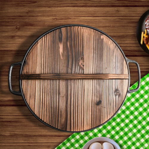 2x 29cm Round Cast Iron Pre-seasoned Deep Baking Pizza Frying Pan Skillet with Wooden Lid - Image 3
