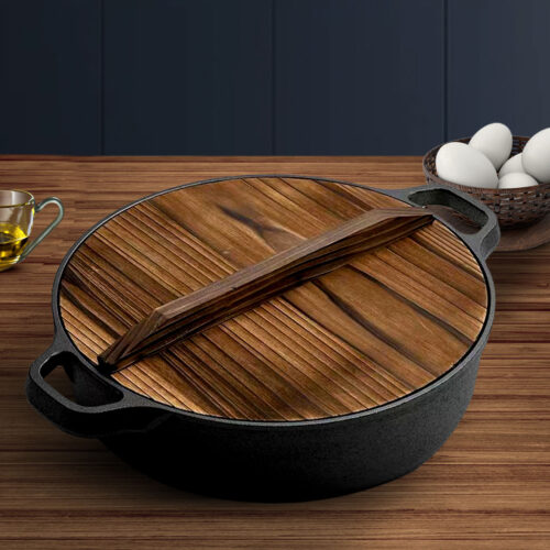2x 29cm Round Cast Iron Pre-seasoned Deep Baking Pizza Frying Pan Skillet with Wooden Lid - Image 4