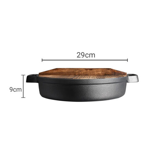 2x 29cm Round Cast Iron Pre-seasoned Deep Baking Pizza Frying Pan Skillet with Wooden Lid - Image 6