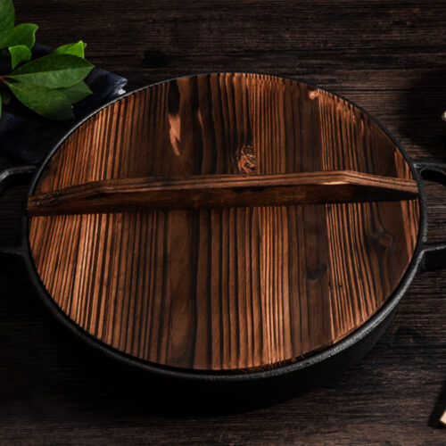 2x 29cm Round Cast Iron Pre-seasoned Deep Baking Pizza Frying Pan Skillet with Wooden Lid - Image 9