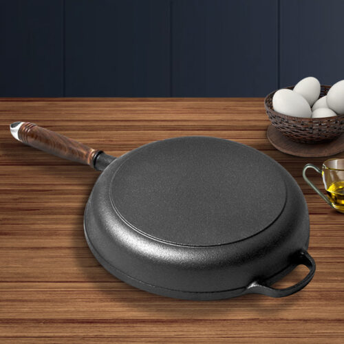 2x 29cm Round Cast Iron Frying Pan Skillet Steak Sizzle Platter with Helper Handle - Image 3