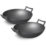 2x 32cm Commercial Cast Iron Wok FryPan Fry Pan with Double Handle