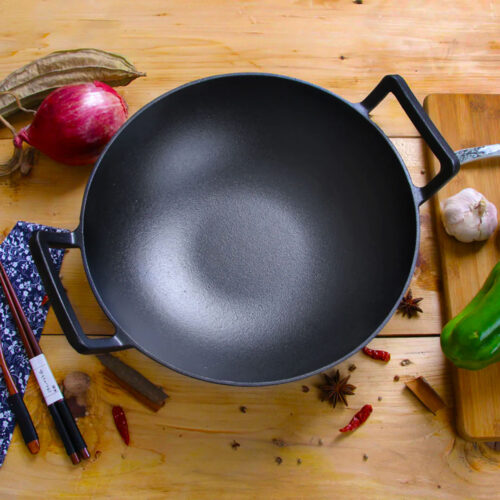 2x 32cm Commercial Cast Iron Wok FryPan Fry Pan with Double Handle - Image 2
