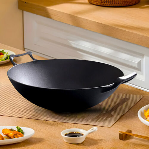 2x 32cm Commercial Cast Iron Wok FryPan Fry Pan with Double Handle - Image 3