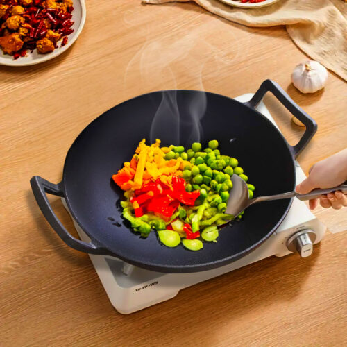 2x 32cm Commercial Cast Iron Wok FryPan Fry Pan with Double Handle - Image 4