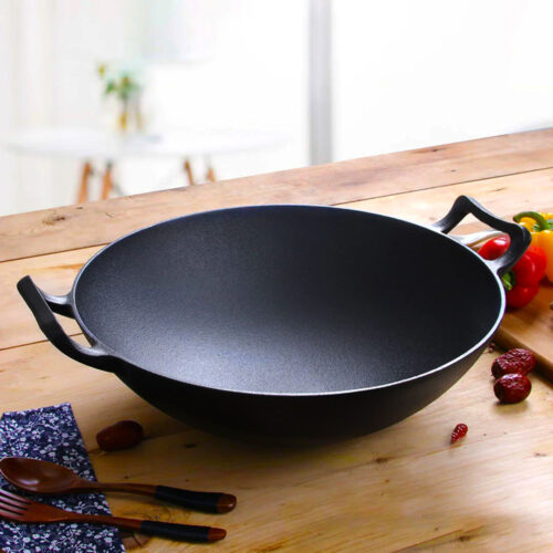 2x 32cm Commercial Cast Iron Wok FryPan Fry Pan with Double Handle - Image 6