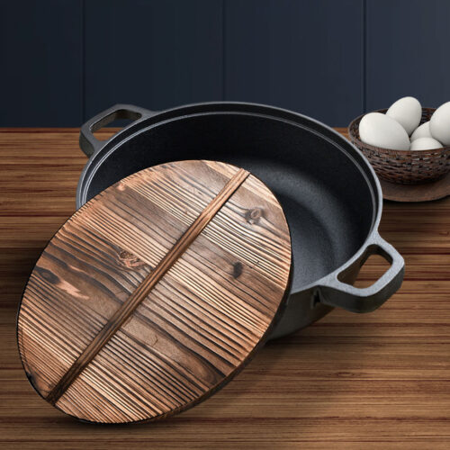 2x 33cm Round Cast Iron Pre-seasoned Deep Baking Pizza Frying Pan Skillet with Wooden Lid - Image 5