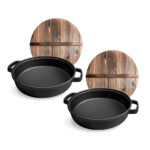 2x 35cm Round Cast Iron Pre-seasoned Deep Baking Pizza Frying Pan Skillet with Wooden Lid