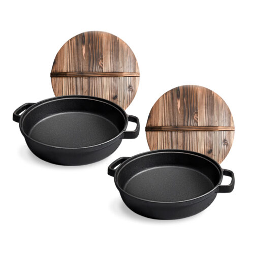 2x 35cm Round Cast Iron Pre-seasoned Deep Baking Pizza Frying Pan Skillet with Wooden Lid