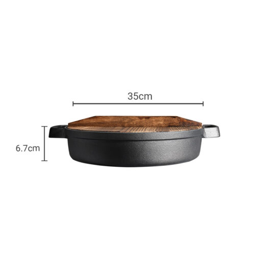 2x 35cm Round Cast Iron Pre-seasoned Deep Baking Pizza Frying Pan Skillet with Wooden Lid - Image 6