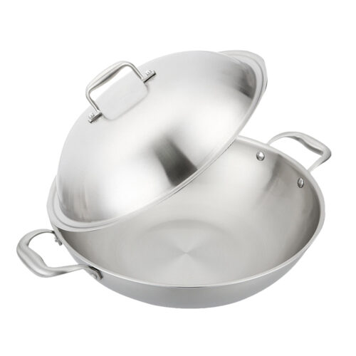 3-Ply 38cm Stainless Steel Double Handle Wok Frying Fry Pan Skillet with Lid - Image 4