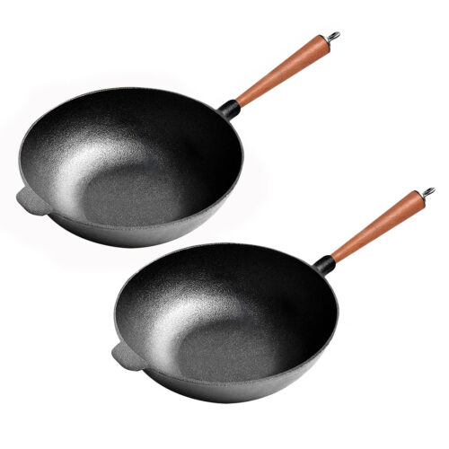 2x 31cm Commercial Cast Iron Wok Round Bottom FryPan Home Cooking Skillet