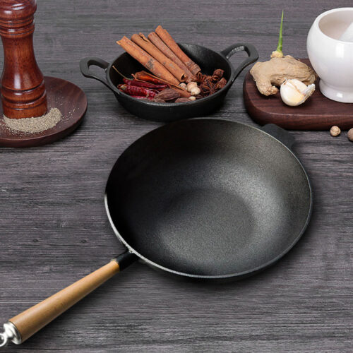 2x 31cm Commercial Cast Iron Wok Round Bottom FryPan Home Cooking Skillet - Image 2