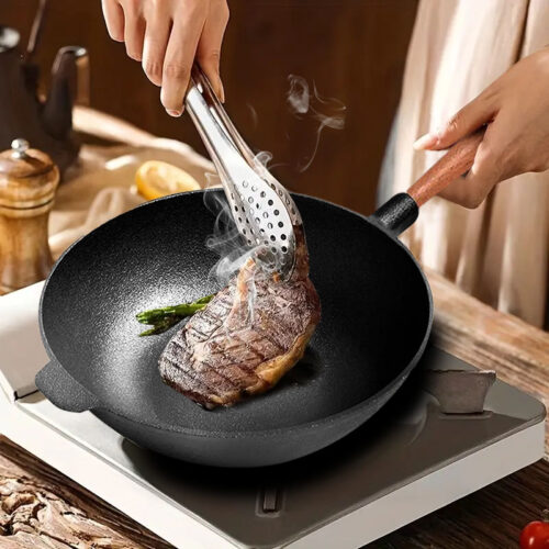 2x 31cm Commercial Cast Iron Wok Round Bottom FryPan Home Cooking Skillet - Image 3