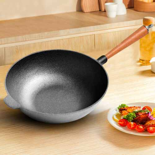 2x 31cm Commercial Cast Iron Wok Round Bottom FryPan Home Cooking Skillet - Image 6