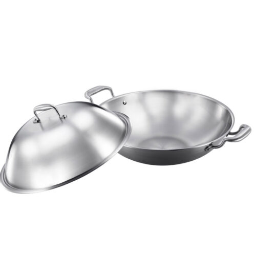3-Ply 42cm Stainless Steel Double Handle Wok Frying Fry Pan Skillet with Lid