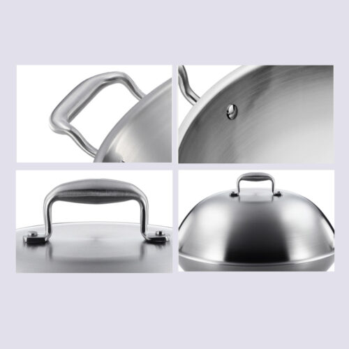 2x 3-Ply 38cm Stainless Steel Double Handle Wok Frying Fry Pan Skillet with Lid - Image 6