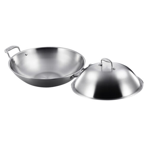 2x 3-Ply 38cm Stainless Steel Double Handle Wok Frying Fry Pan Skillet with Lid - Image 7