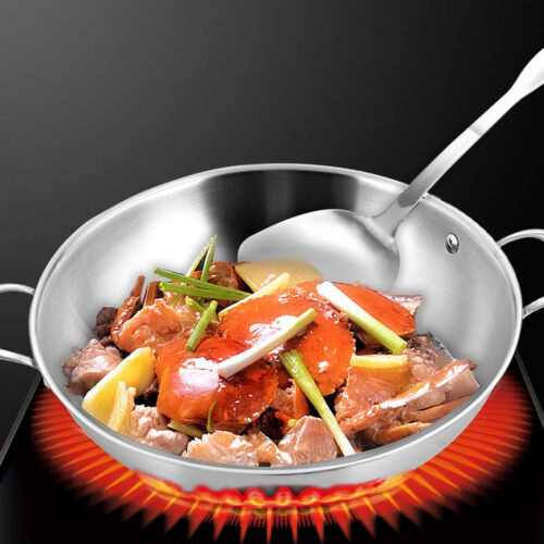 2x 3-Ply 38cm Stainless Steel Double Handle Wok Frying Fry Pan Skillet with Lid - Image 9