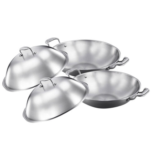 2x 3-Ply 42cm Stainless Steel Double Handle Wok Frying Fry Pan Skillet with Lid