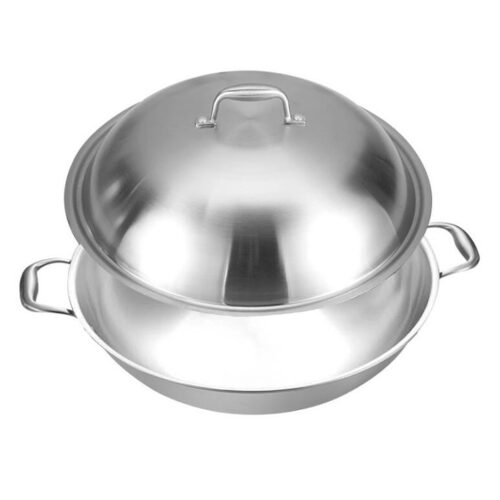 2x 3-Ply 42cm Stainless Steel Double Handle Wok Frying Fry Pan Skillet with Lid - Image 3