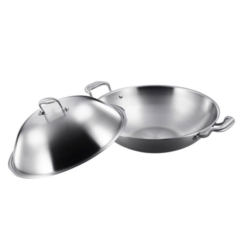 2x 3-Ply 42cm Stainless Steel Double Handle Wok Frying Fry Pan Skillet with Lid - Image 4