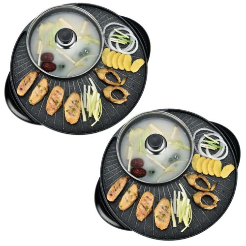 2x 2 in 1 Electric Stone Coated Teppanyaki Grill Plate Steamboat Hotpot 3-5 Person