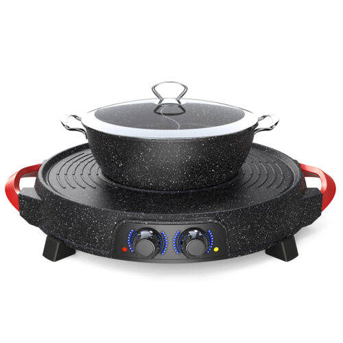 2 in 1 Electric Stone Coated Grill Plate Steamboat Two Division Hotpot - Image 2
