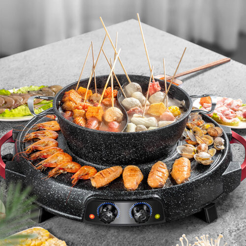 2 in 1 Electric Stone Coated Grill Plate Steamboat Two Division Hotpot - Image 5