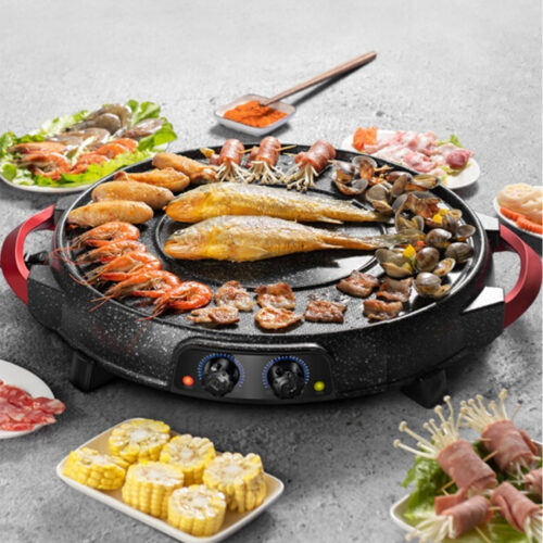 2 in 1 Electric Stone Coated Grill Plate Steamboat Two Division Hotpot - Image 6