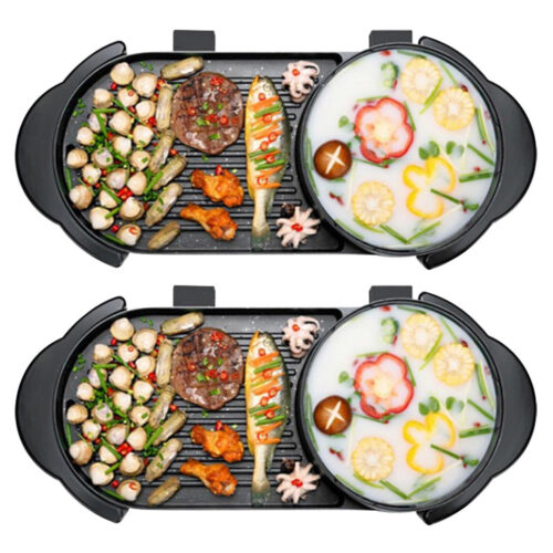 2x 2 in 1 Electric Non-Stick BBQ Teppanyaki Grill Plate Steamboat Hotpot 2-8 Person