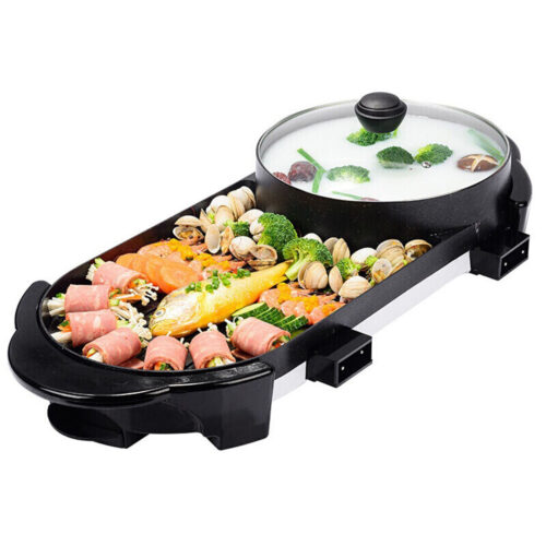2x 2 in 1 Electric Non-Stick BBQ Teppanyaki Grill Plate Steamboat Hotpot 2-8 Person - Image 2