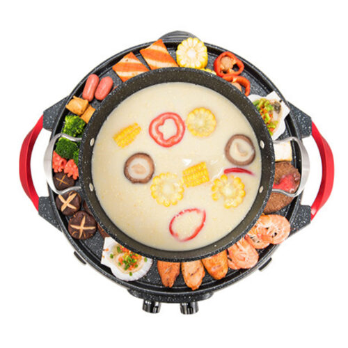 2x 2 in 1 Electric Stone Coated Teppanyaki Grill Plate Steamboat Hotpot - Image 3