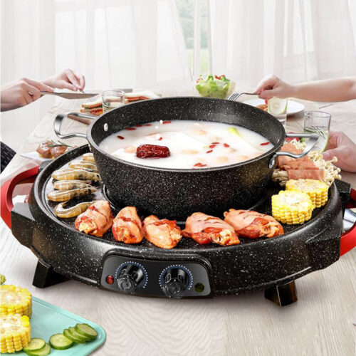 2x 2 in 1 Electric Stone Coated Teppanyaki Grill Plate Steamboat Hotpot - Image 5
