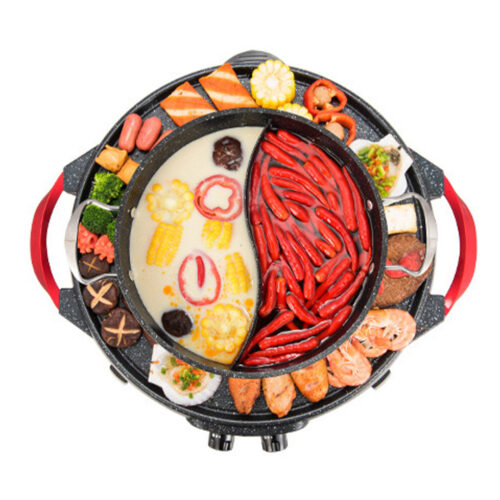 2x 2 in 1 Electric Stone Coated Grill Plate Steamboat Two Division Hotpot - Image 3