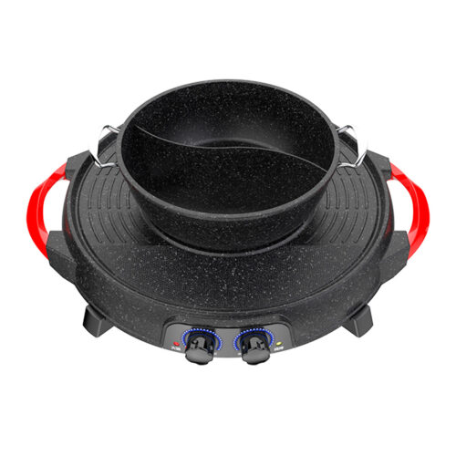 2x 2 in 1 Electric Stone Coated Grill Plate Steamboat Two Division Hotpot - Image 8