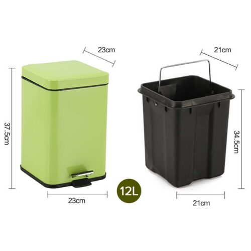 Foot Pedal Stainless Steel Rubbish Recycling Garbage Waste Trash Bin Square 12L Green - Image 2