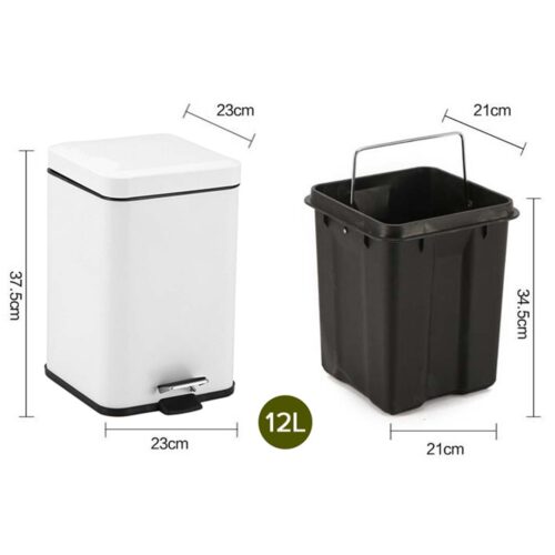 Foot Pedal Stainless Steel Rubbish Recycling Garbage Waste Trash Bin Square 12L White - Image 2
