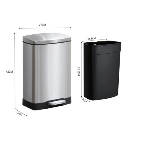 2x Foot Pedal Stainless Steel Rubbish Recycling Garbage Waste Trash Bin Shape 12L Silver - Image 6
