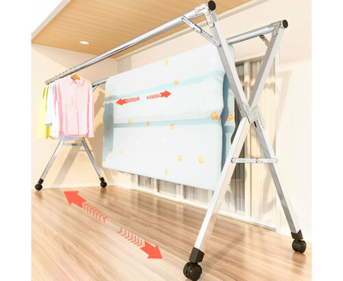 2.4m Portable Standing Clothes Drying Rack Folding Space-Saving Laundry Holder with Wheels