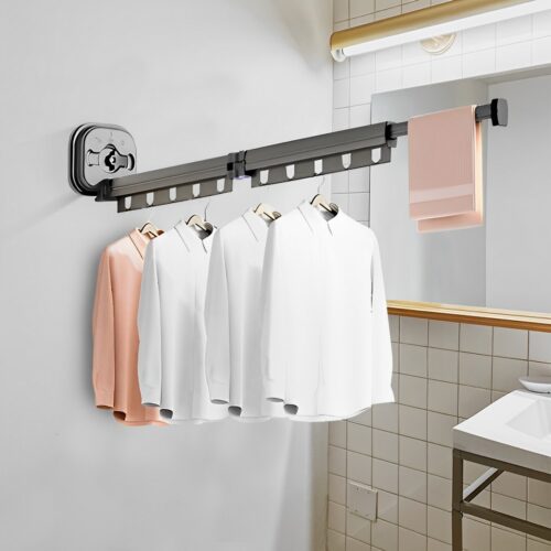 2x 93.2cm Wall-Mounted Clothing Dry Rack Retractable Space-Saving Folding Hanger - Image 2