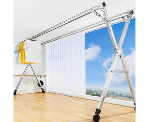 2x 1.6m Portable Standing Clothes Drying Rack Folding Space-Saving Laundry Holder with Wheels