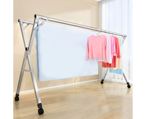 2x 2.0m Portable Standing Clothes Drying Rack Folding Space-Saving Laundry Holder with Wheels