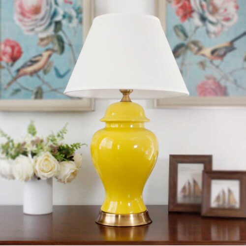 SOGA Oval Ceramic Table Lamp with Gold Metal Base Desk Lamp Yellow - Image 5