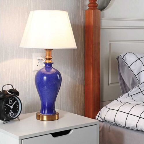2x Blue Ceramic Oval Table Lamp with Gold Metal Base - Image 5