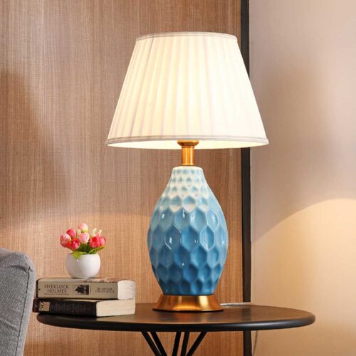 2x Textured Ceramic Oval Table Lamp with Gold Metal Base Blue - Image 5